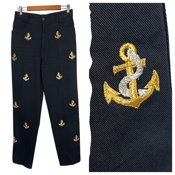 Vintage La Costa Spa Womens 14 Nautical Coastal Preppy Anchor Embroidered Pants - Picture 1 of 12